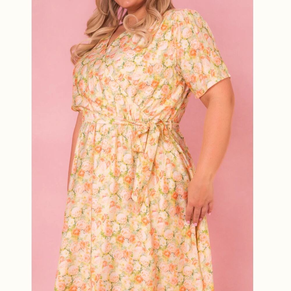 Ivy City Co. Yellow Pink Floral Rose Faux Wrap Short Sleeve Midi Lyra Dress NWT - Picture 6 of 13